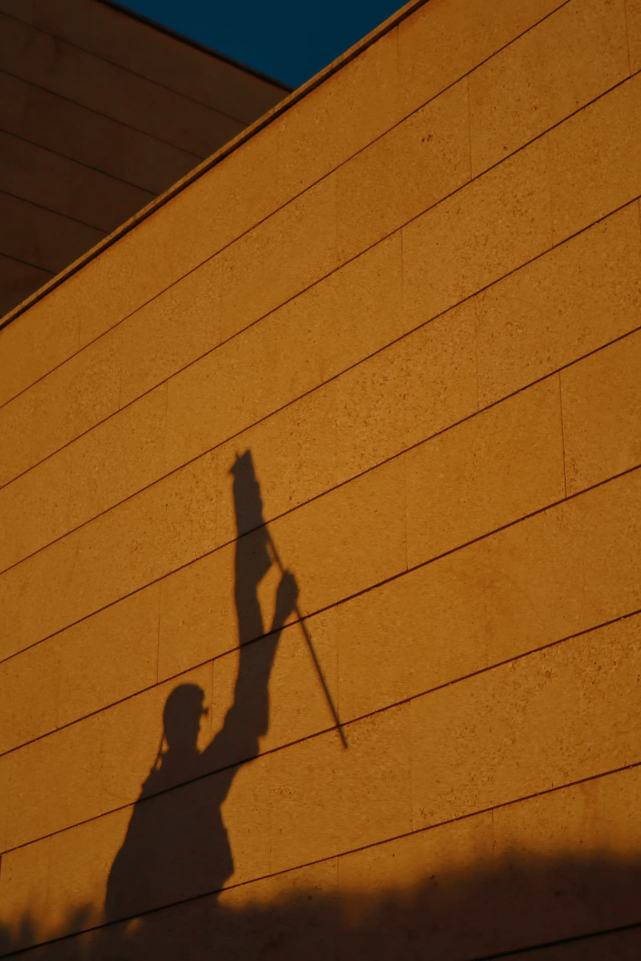 The long shadow of a flag-bearer cast across an orange wall at golden hour