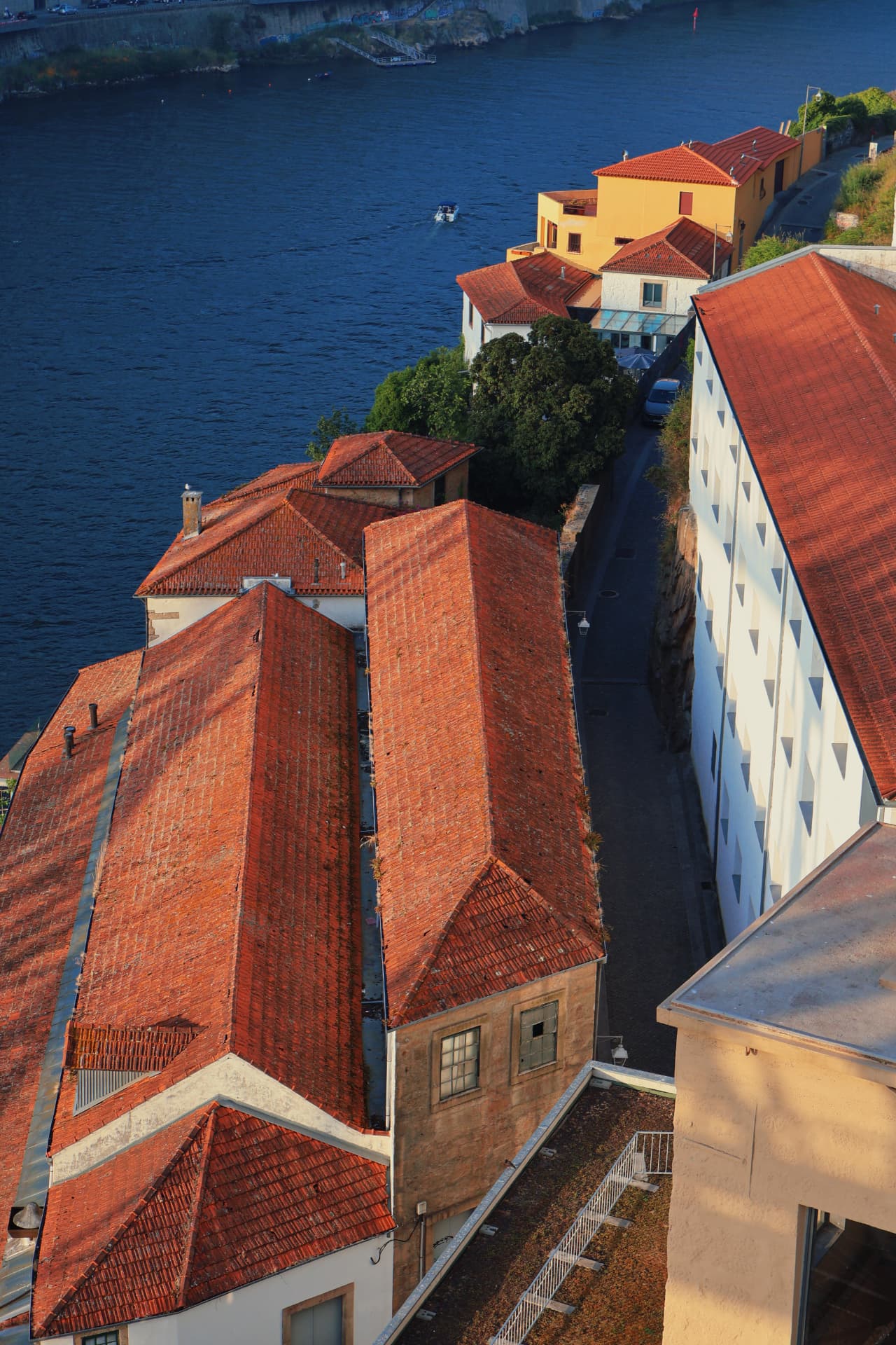 Terracotta rooftops falling away toward a wide blue river with a small boat