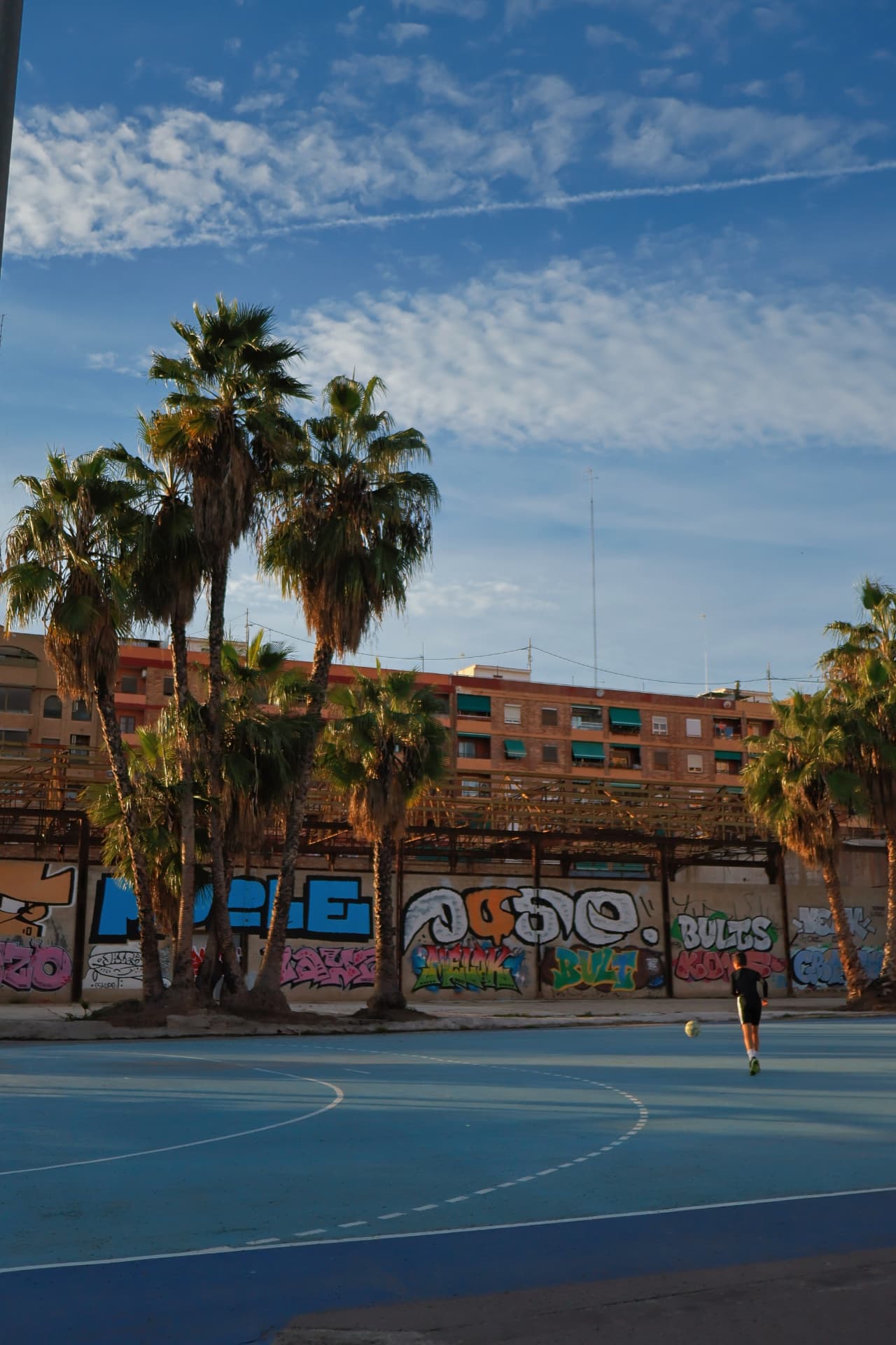 A lone player on a blue basketball court beneath palm trees and a graffiti wall